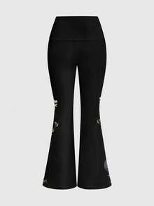 ROMWE Goth 暗黑哥特神秘花园春蛇嬉皮植物日月星黑色性感甜美喇叭腰女裤 - 黑色 - 查看 2