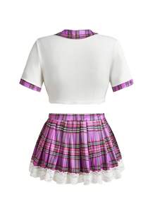 Fantasy Costume Bộ đồ lót gợi cảm 3 món dành cho nữ, họa tiết kẻ caro, buộc dây phía trước, viền ren, dùng để hóa trang (áo ngực không gọng, quần lọt khe và váy). - Nhiều màu - Xem 8