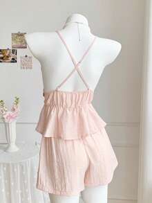 Women's Casual Blue Knitted Camisole And Shorts Set, Brand - 粉紅色 2 - 查看 2
