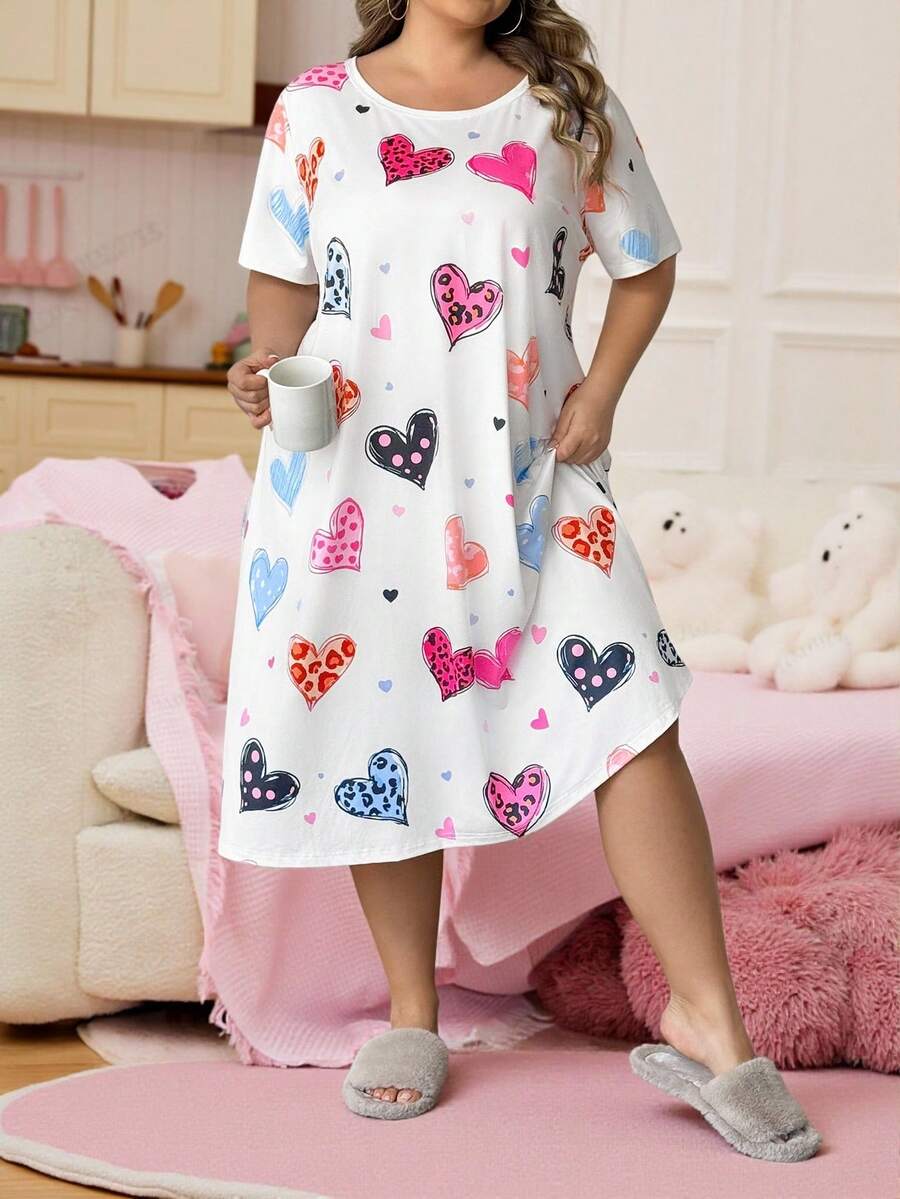 SHEIN CURVE+ Curve Plus Red Heart-Shaped Printed Long Dress, Valentine's Day - Multicolor - View 1