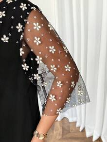 SHEIN CURVE+ Đầm cỡ lớn dáng rộng cổ tròn phối lưới hoa văn, thích hợp cho mùa hè - màu đen - Xem 10