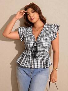 Elaquor 大码夏季休闲格子系带荷叶边下摆衬衫 - 黑與白 - 查看 4