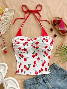 Soleia Women's Summer Beach Vacation Cherry Print Ruched Beaded Halter Top - Multicolor - View 4