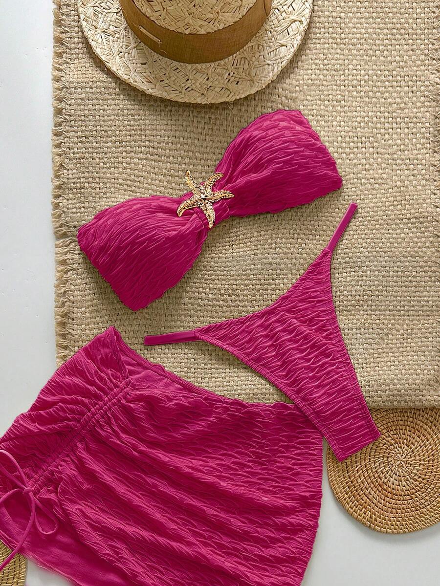 Swim Chiccia 3pcs Textured Strapless Starfish Bikini Sexy Swimwear Set - Hot Pink - View 1