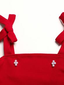 SHEIN 少女春夏休闲优雅都市时尚吊带蝴蝶结装饰串珠褶皱喇叭连衣裙，红色 - 紅色 - 查看 4