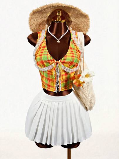 Mistrie Women's Fashionable Checkered Print Ruffled Lace Blouse With Ruffled Lace At The Neckline. Checkered Print Blouse With Backless Ruffled Lace Detail. Women's Fashionable Piece.