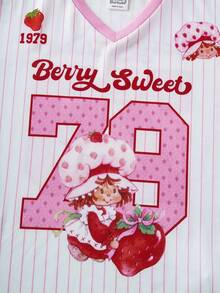 Strawberry Shortcake X SHEIN Áo thun ngắn tay cổ chữ V in chữ và dâu tây dành cho bé gái tuổi teen - Hồng - Xem 4