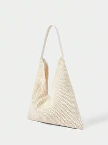 SHECARRY 女士单肩包、流浪包、草编包、流苏草编包，时尚、优雅、简约、个性化、百搭，适合海滩、度假、假日、夏季、海边、沙滩派对 - 米白色1 - 查看 3