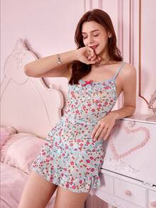 Women's Light Blue Floral Print Backless Sheer Camisole Dress With Ruffle Hem And Waist - Sexy Summer Lingerie Dress - Blue - View 7