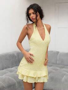 Sweetina Women's Sexy Ruffled Hem Backless Halter Mini Dress, Summer - Pale Yellow - View 1