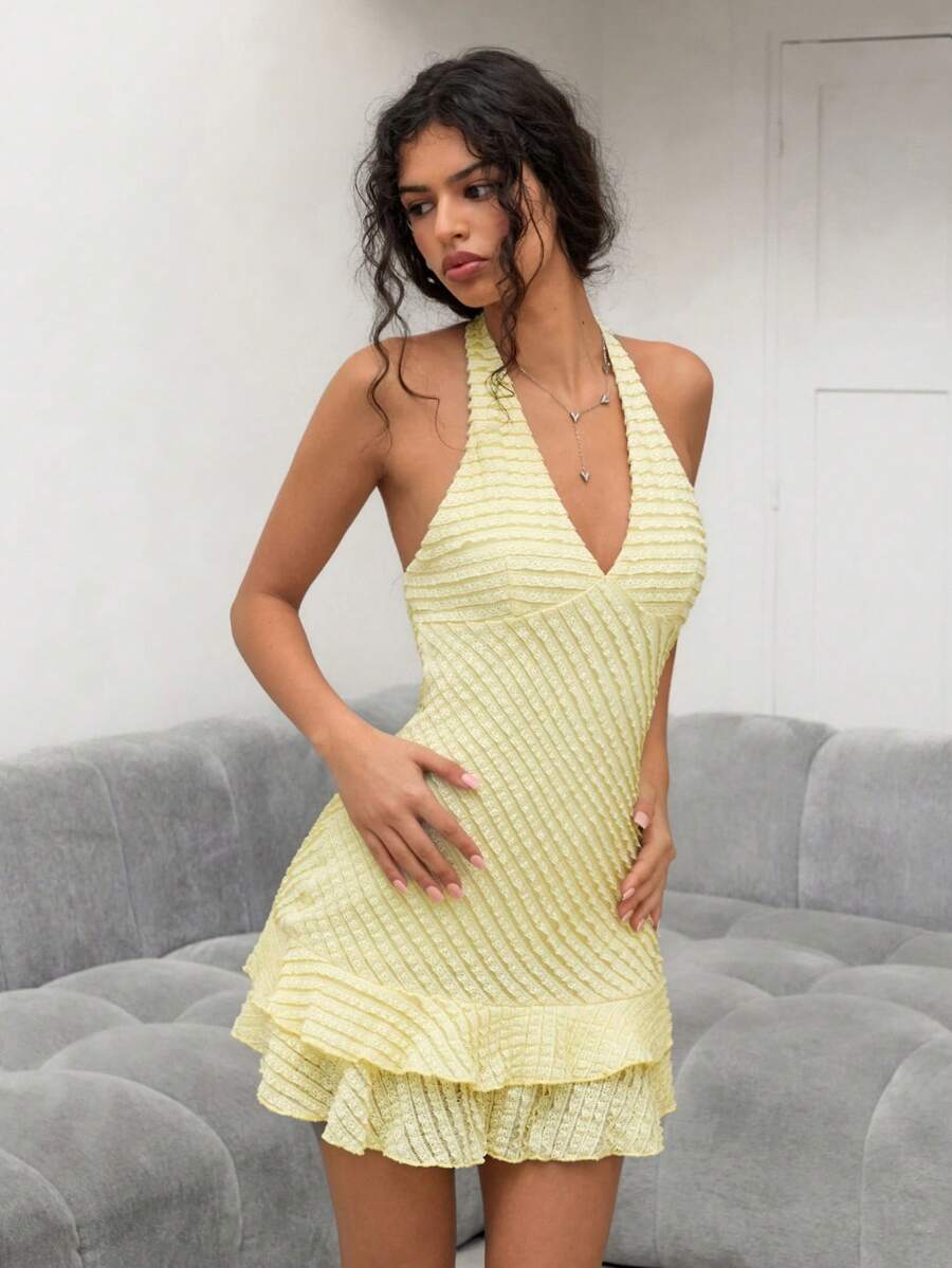 Sweetina Women's Sexy Ruffled Hem Backless Halter Mini Dress, Summer - Pale Yellow - View 1