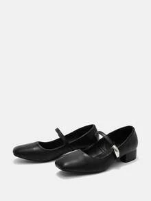 女士3厘米布面包跟黑色时尚百搭玛丽珍低跟粗跟优雅平底鞋，另有藏蓝色、咖啡色、酒红色可选 - 黑色 - 查看 2