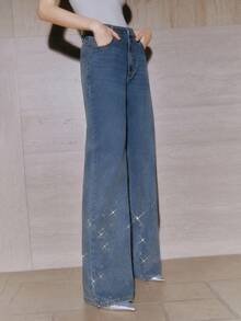 Anewsta Women's High Waist Fashionable Rhinestone Embellished Straight Loose Wide Leg Jeans - Blue - View 6