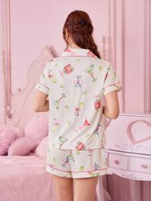 Bonmuse 2pcs Women Summer Lemon Wineglass Print Pajamas Set, Short Sleeve Collared Cardigan Top And Elastic Waist Shorts, Casual Pajamas & Loungewear Set For All Seasonsfor Summer - White - View 2