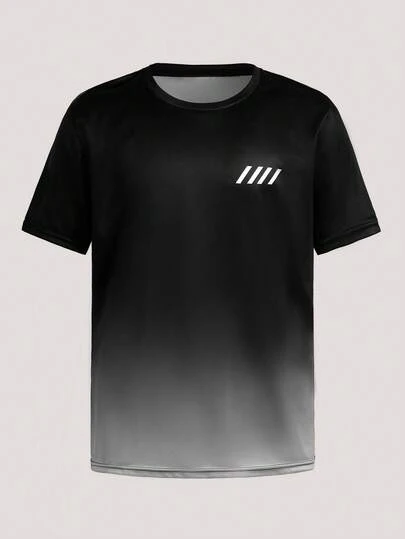 Driftmere Black To Gray Gradient Top, Minimalist Personalized 4 Stripes Print Men's Breathable Short Sleeve Casual T-Shirt