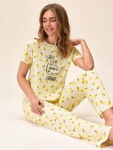 Loomlin Women Lemon Graphic Yellow Cute Pajama Sets, Chic, - Yellow - View 6