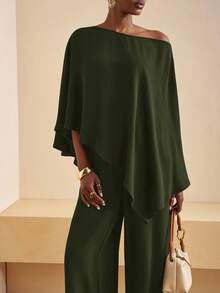 Zivah Bộ đồ nữ mùa thu đông 2025 mới, kiểu dáng thường ngày, áo lệch vai màu nâu rộng rãi phối quần ống rộng cạp cao, thích hợp cho đi học, đi xem hòa nhạc, dự tiệc, Halloween, Giáng sinh, tiệc brunch, đi chơi, đi nhà thờ, du lịch, mua sắm. - Màu xanh lá cây đậm - Xem 5