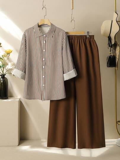 Lacomfia Plus Size Striped Long Sleeve Shirt And Solid Color Pants Women Casual 2-Piece Set