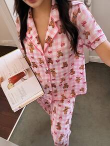 SHEIN Bộ đồ ngủ nữ màu hồng kẻ caro in hình gấu, tay ngắn và quần dài rộng rãi. - Hồng - Xem 7