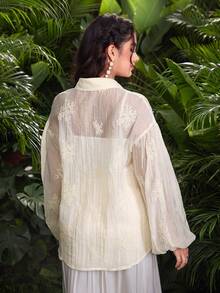 Modelyn Elegant Embroidered Front Button Apricot Shirt, Autumn - Apricot - View 6