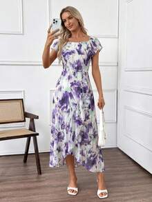 Medorina Đầm quấn in hoa thanh lịch dành cho nữ, thích hợp cho mùa hè. - Màu tím - Xem 3