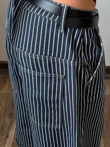 StreetHx Women's Fashion Casual Low Waist Striped Wide Leg Cropped Jeans - Dark Wash - View 7