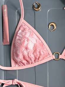 女士性感蕾丝露背系带挂脖比基尼套装，海滩度假风 - 粉色 - 查看 3