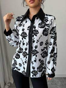 Modelyn 女士春夏梭织数码印花长袖立领休闲浪漫衬衫 - 黑色 - 查看 6