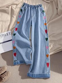 GlowEve 女士心形刺绣松紧腰斜插口袋休闲阔腿牛仔裤 - 藍色 - 查看 1