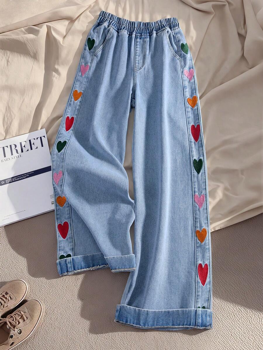 GlowEve 女士心形刺绣松紧腰斜插口袋休闲阔腿牛仔裤 - 藍色 - 查看 1