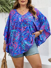 SHEIN CURVE+ Áo kiểu dáng ôm vừa vặn, size US22, thích hợp cho lễ hội âm nhạc, kỳ nghỉ bên bờ biển, phong cách Bohemia, cổ chữ V, tay bồng, dáng rộng, thích hợp cho kỳ nghỉ hè, áo kiểu Bohemia. - Nhiều màu - Xem 3