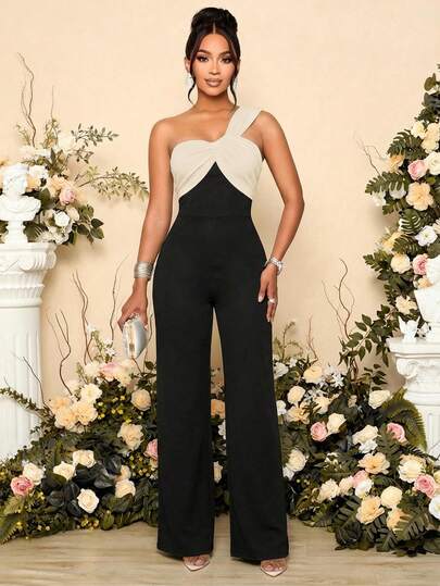 SOLERSUN Spring/Summer Women's Wear: Elegant And Charming, Perfect For Parties, Weddings, Black And Apricot Color Block, Knit Fabric, Sexy And Fitting, Sleeveless, Asymmetrical Neckline With Off-Shoulder Design, Pleated Straight Leg Jumpsuit/Pants