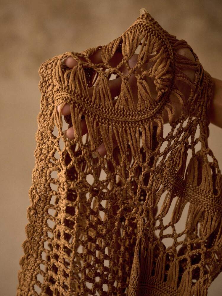 HANDMADE CROCHET ONE-SHOULDER FLARE SLEEVE SHORT BEACH COVER UP TOP, BOHEMIAN STYLE FOR VACATION