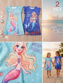 2pcs/Set Young Girl' Cap Sleeve Frill Trim Casual Nightgown & Loungewear Set, Spring/Summer - Multicolor - View 3