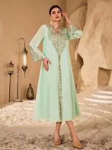 Al Najma 新款精美刺绣领口阿拉伯风格女式连衣裙 - 薄荷綠 - 查看 4