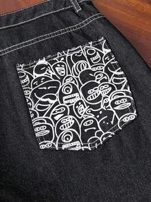 StoneGrade 男士字母印花口袋宽松阔腿休闲牛仔裤 - 黑色 - 查看 7