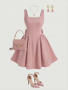 SHEIN MOD Plus Size Elegant Solid Color Backless Bow Decor Sleeveless Dress, Summer - Pink - View 4