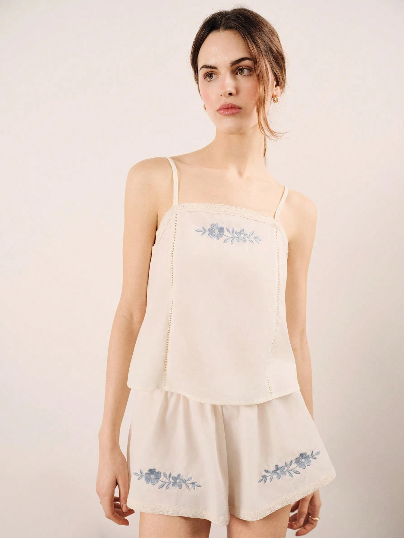 Vintage Two Pieces Cream Pajama Set With Sky-Blue Floral Embroidery And Lace Trims Cute Style Boho White Sleepwear Set