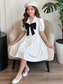 SHEIN 少女都市优雅翻领泡泡袖褶裥喇叭形纽扣连衣裙，撞色蝴蝶结装饰，春夏款 - 白色 - 查看 2