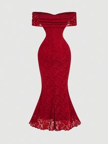 SHEIN MOD Off Shoulder Burgundy Textured Extra Long Mermaid Hem Dress - Red - View 3