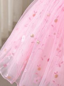 SHEIN Glamorique Kids Toddler Girls' Princess Dress, Pink Embroidered Dress, Sequins, 3D Flowers, Birthday Party, Wedding Holiday Dress, Flower Girl, Sleeveless, Back Bow Tie, Pearl - Pink - View 3