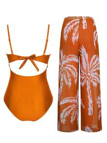 Swim Oasis 女士夏季休闲沙滩度假交叉绑带石饰连体泳衣和随机椰树印花百搭长裤两件套泳装 - 摩卡棕 - 查看 2