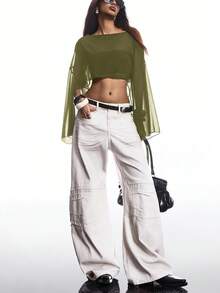 SHEIN EZwear Women's Solid Color Boat Neck Mesh Cropped Cape Sheer Blouse,Summer Top - Army Green - View 5
