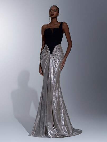 Elitara Elegant Luxurious Color Block Elastic Knit Patchwork Coated Glossy Fabric Ruched Mermaid Skirt, Suitable For Wedding, Party, Vacation, Gala, Evening Dress