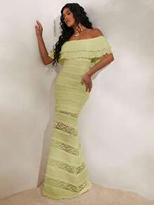Opulessa Knitted Lace Off Shoulder Fitted Mermaid Dress For Women - Green - View 7