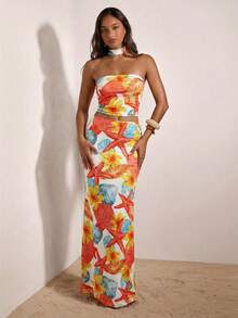 Opulessa Vacation Knit Classic Polka Dot Pattern Fitted Cropped Tank Top & Low Waist Fishtail Skirt 2 Pieces Set For Women - Multicolor - View 3