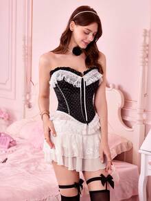 Sexy French Polka Dot Fitted Lace Trim Bustier Camisole Bodysuit - Black - View 4