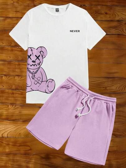 GENTILAND Men's Letter & Fruit Print Round Neck Short Sleeve T-Shirt And Striped Shorts Casual Suit ,Men's Simple Chest Logo Graphic Tee And Shorts ,Summer Beach Outfit With Sunglasses Styling  ,Vertical Striped Green Shorts With White Drawstring ,Relaxed Fit Vacation Co-Ord Set Men ,Soft Blend Lounge Wear Set ,Preppy Style Apple Graphic T-Shirt Outfit ,Clean Aesthetic Summer Clothes For Guys ,Men's Summer 2-Piece Outfit ,Casual Beach Vacation Wear ,Clean Chest Graphic Tee