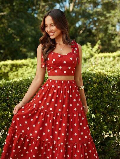 KARISMINA Women's Polka Dot Fashion Sweetheart Collar Tie Summer 2 Pieces Set,Summer,Summer Vacation Outfits Women, Summer Outfits Women, Summer Outfits Woman, Women Summer Outfits,Vacation,Vacation Style,Bohemian Clothes,Beach Essentials,Suitable For Summer,Graduations, Back To School, Cute Lunch, Summer,Summer Dresses For Women,Beach Outfit For Women,Casual Dresses,Floral Dress,Summer Holiday Outfits Women Sundress Summer Beach Sundress Women Vacation Dress Tropical Vacation Dress,Vacation