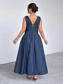Firerie Đầm denim mùa hè cỡ lớn, kiểu dáng thường ngày, thắt eo phía trước. - Màu xanh lam - Xem 3